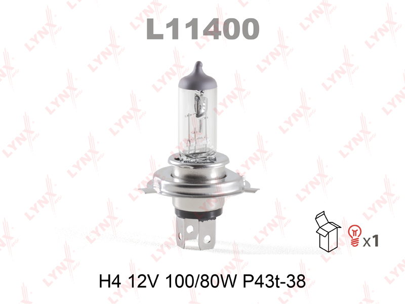 Лампа галоген H4 12V 100/80W P43T-38  LYNX (LYNXAUTO) L11400