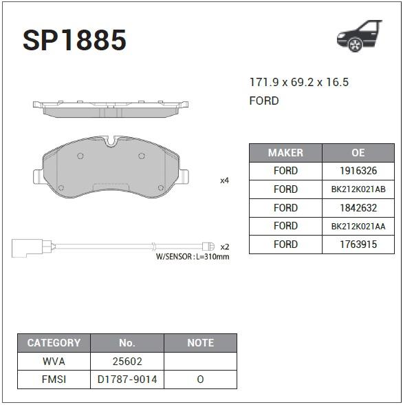 Колодки тормозные передние дисковые c датчиком Transit 2.0/2.2 12> SANGSIN SP1885