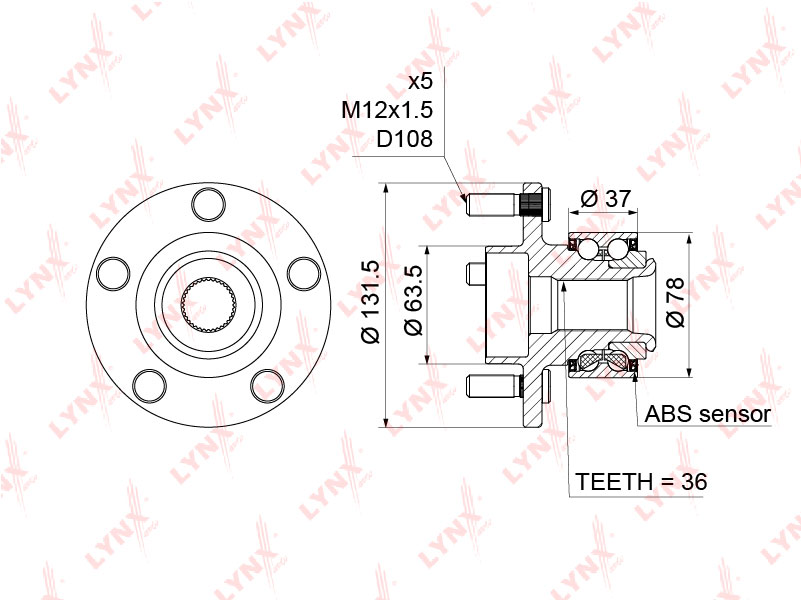 Ступица передняя в сборе (с ABS)  Ford Focus II/C-max 03>/Volvo S40/V50 04> LYNXAUTO WH1215